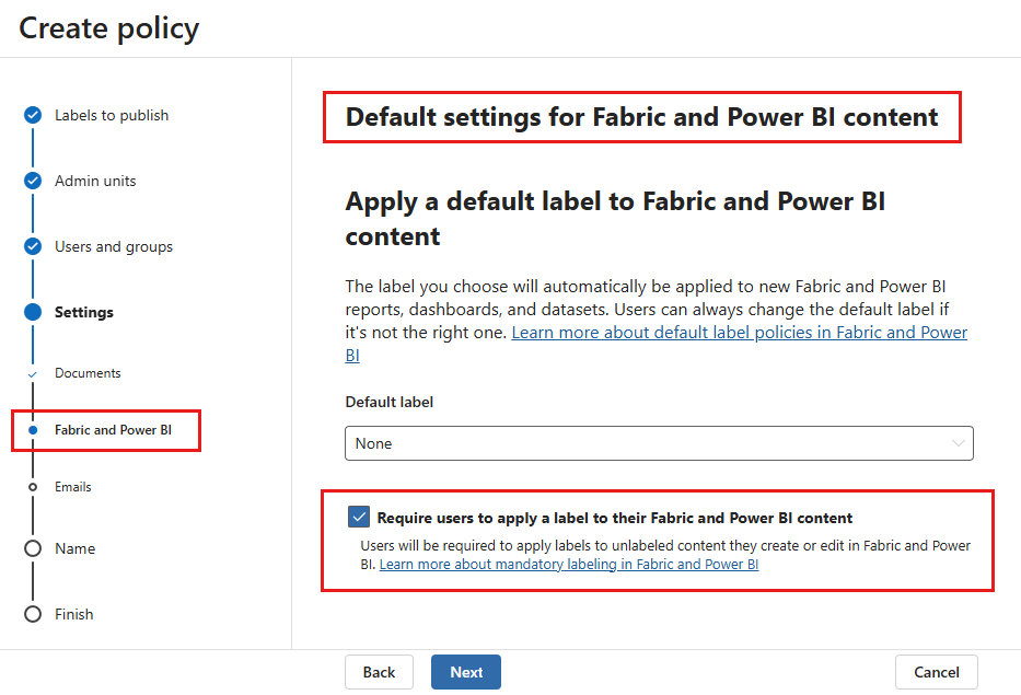 Screenshot of mandatory label setting in the Microsoft Purview compliance portal.