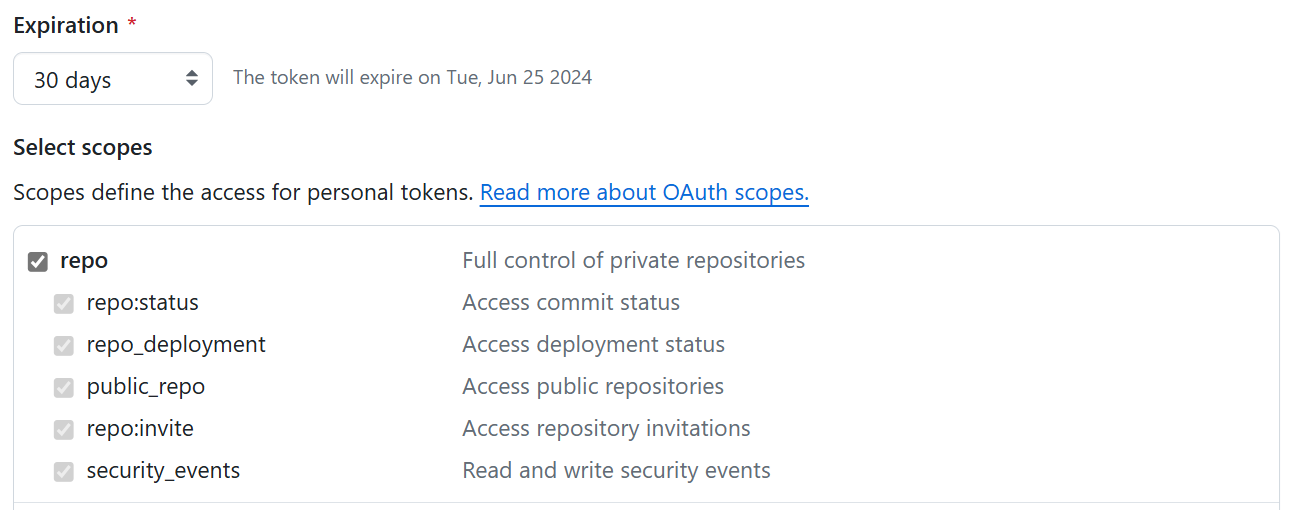 Screenshot of GitHub classic token scopes.