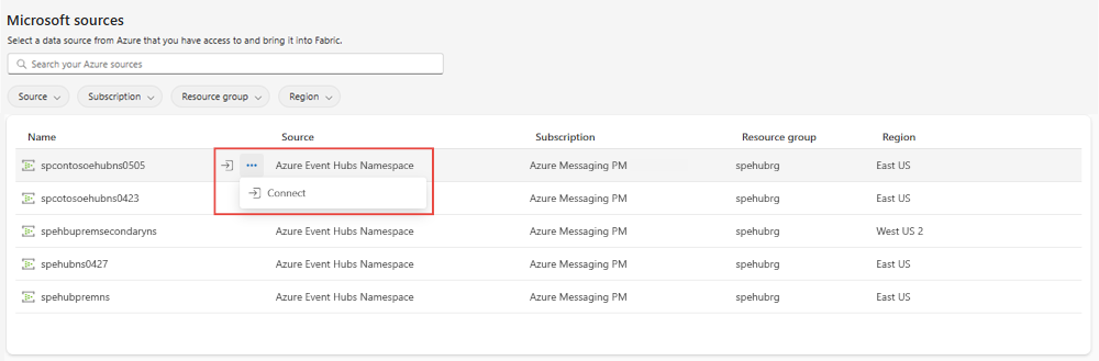 Screenshot that shows the Microsoft sources page with filters to show event hubs and the connect button for an event hub.