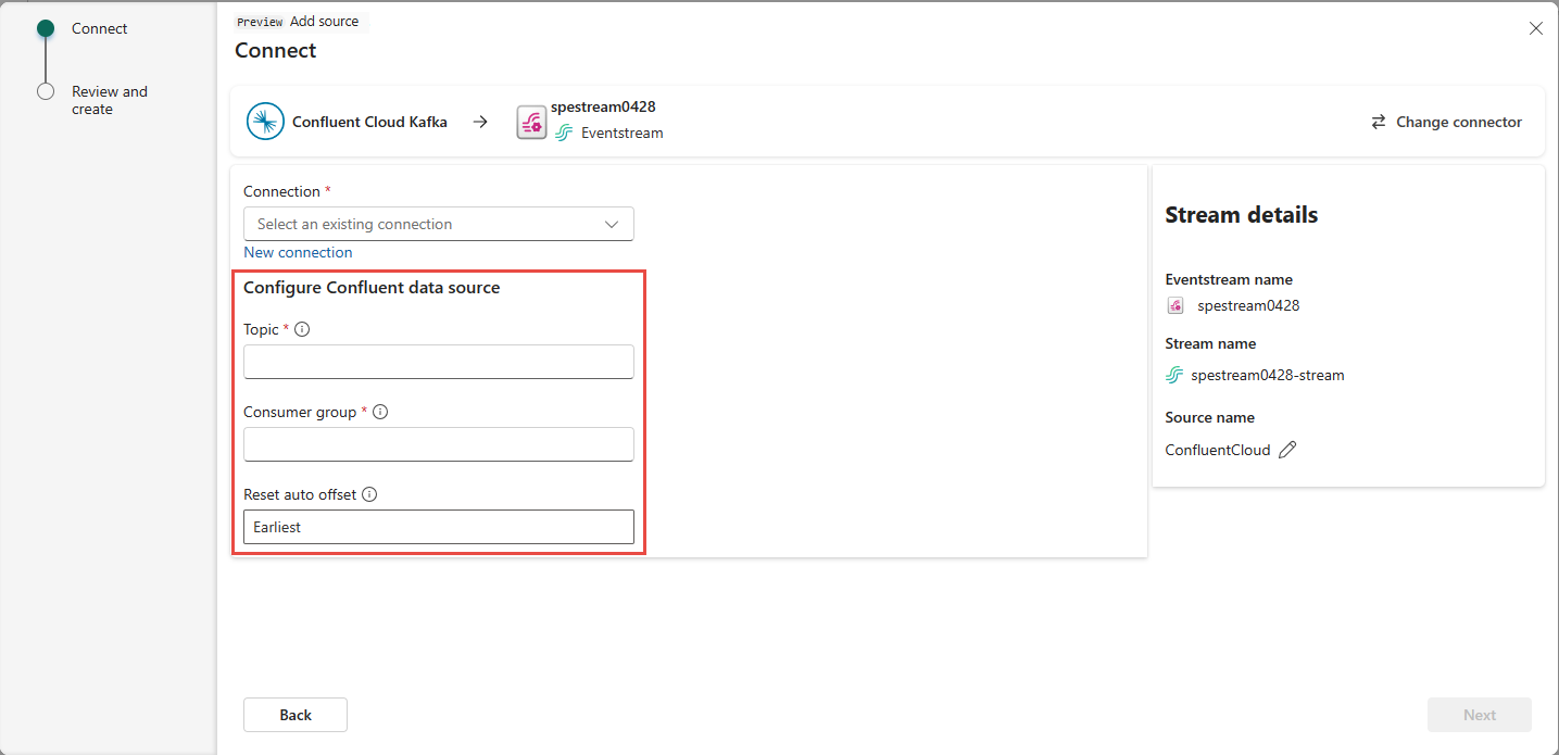 Screenshot that shows the second page - Configure Confluent data source page - of the Confluent connection settings. 