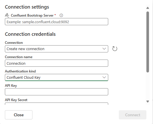 Screenshot that shows the first page of the Confluent connection settings. 