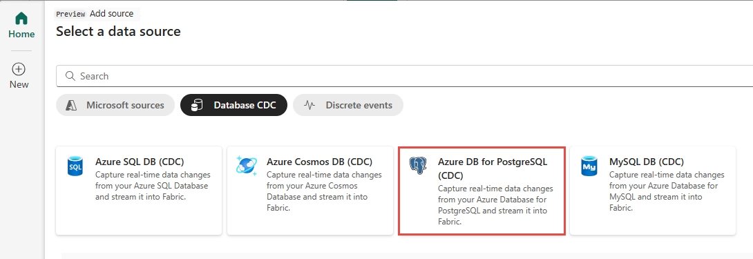 A screenshot of selecting PostgreSQL DB (CDC).