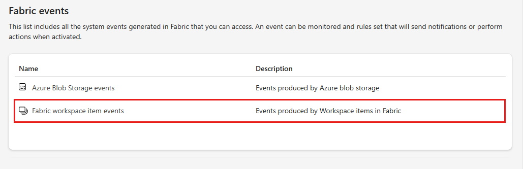 Screenshot that shows the selection of Azure blob storage events in the Fabric events page.