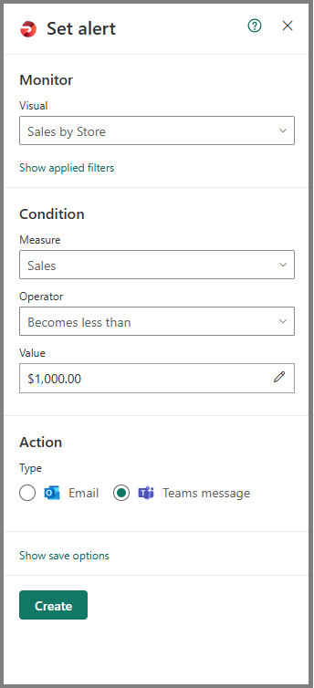 Screenshot of the Set alert window showing the alert conditions.