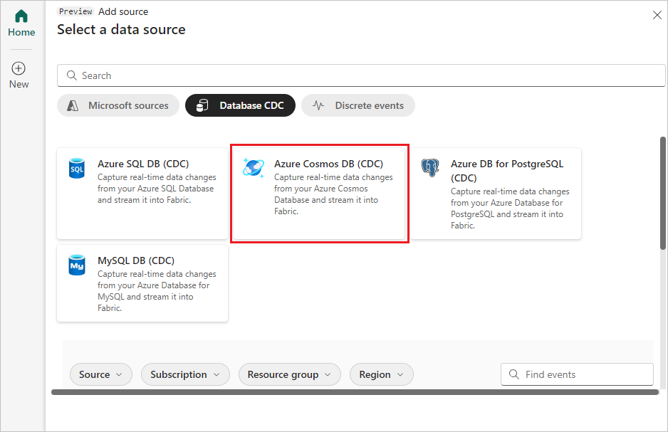 A screenshot of selecting Azure Cosmos DB (CDC).