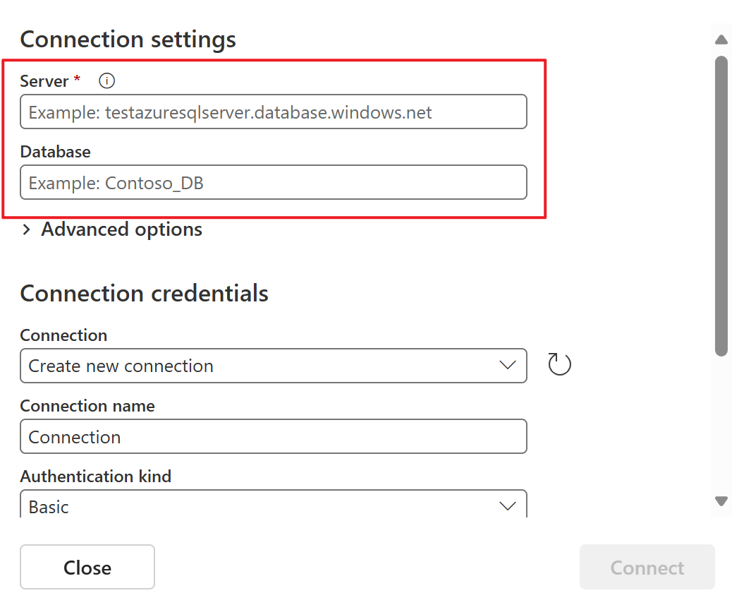 Screenshot that shows the Connection settings section of the Connect page.