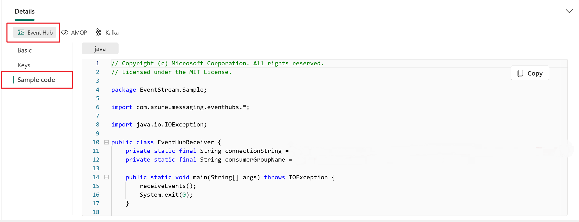 Screenshot that shows event hub sample code on the Details pane of the eventstream live view.