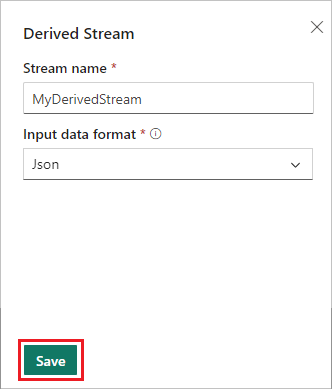 Screenshot of the Derived Stream screen with Save highlighted.
