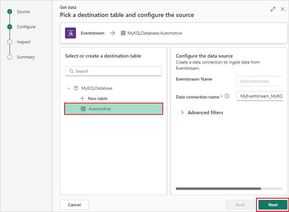 A screenshot of the Get data screen for the KQL Database destination, with the Next button highlighted.