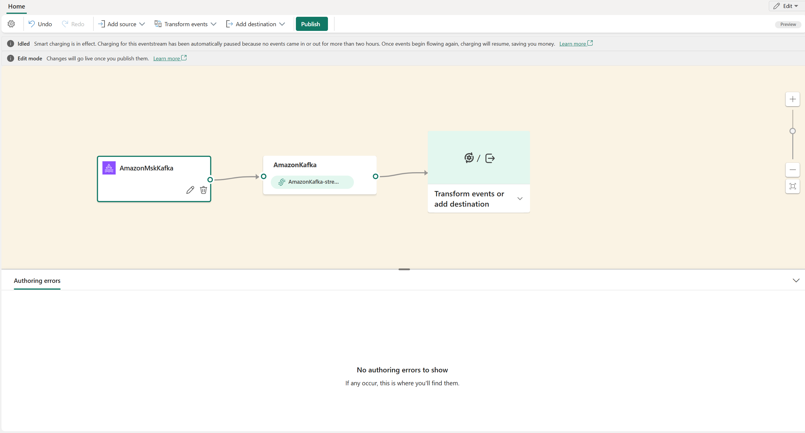 Screenshot that shows Amazon MSK Kafka source in Edit view.