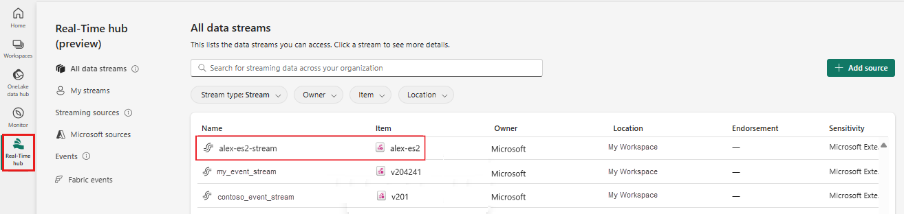 A screenshot of the eventstream listed under Data streams in the Real-Time hub.