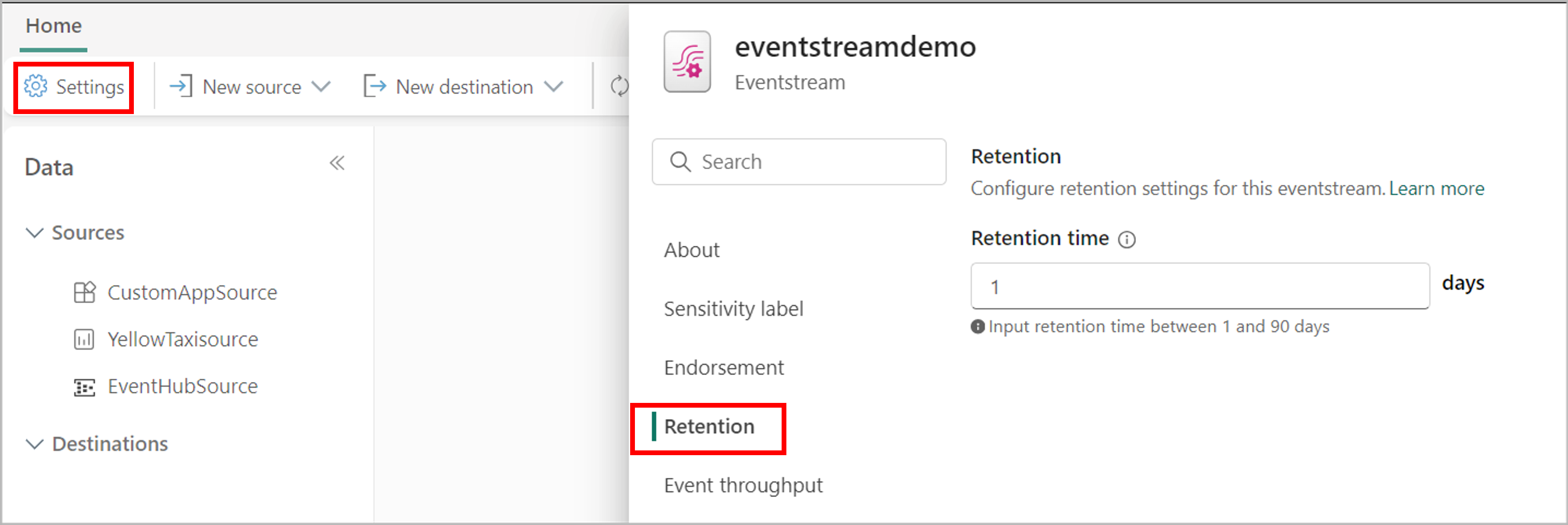 Screenshot that shows the retention setting for an event stream.