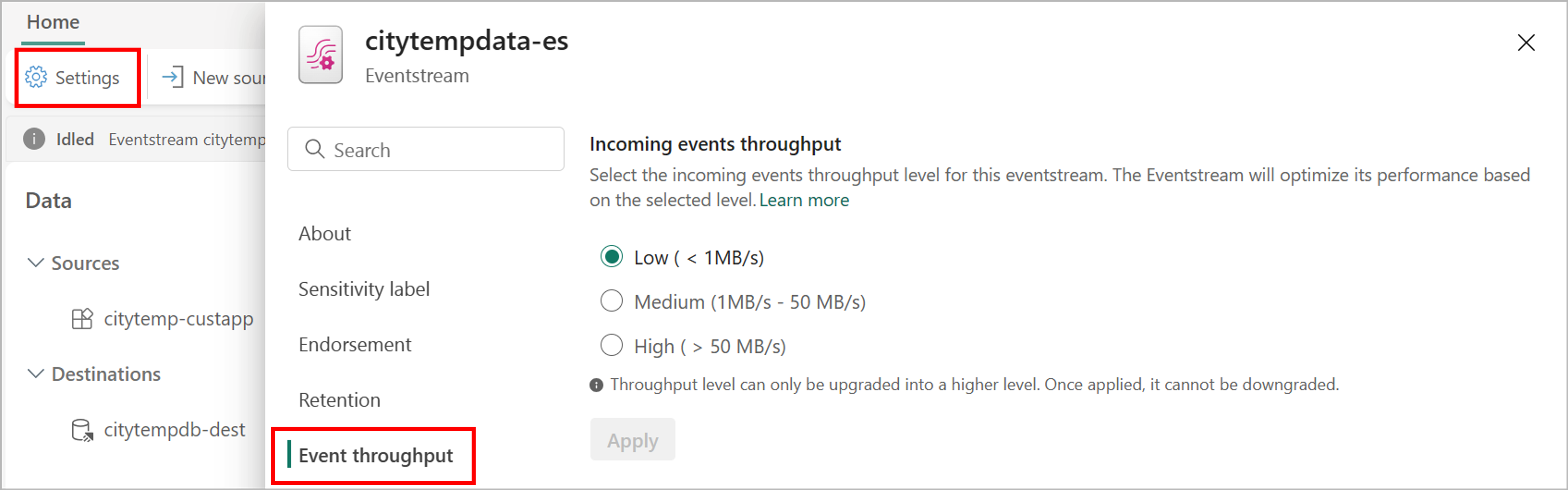 Screenshot that shows the throughput setting for an event stream.