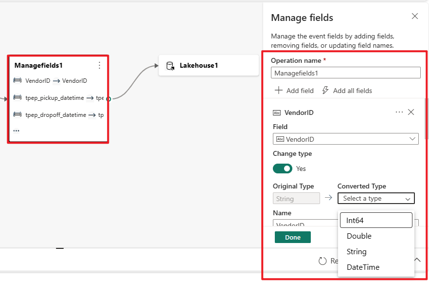 Screenshot showing the Manage field operator available in the event processor editor.