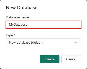 Screenshot of the New KQL Database window showing the database name. The Create button is highlighted.