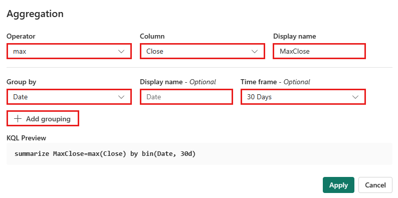 Screenshot of the aggregation dialog box showing how to select aggregation options.