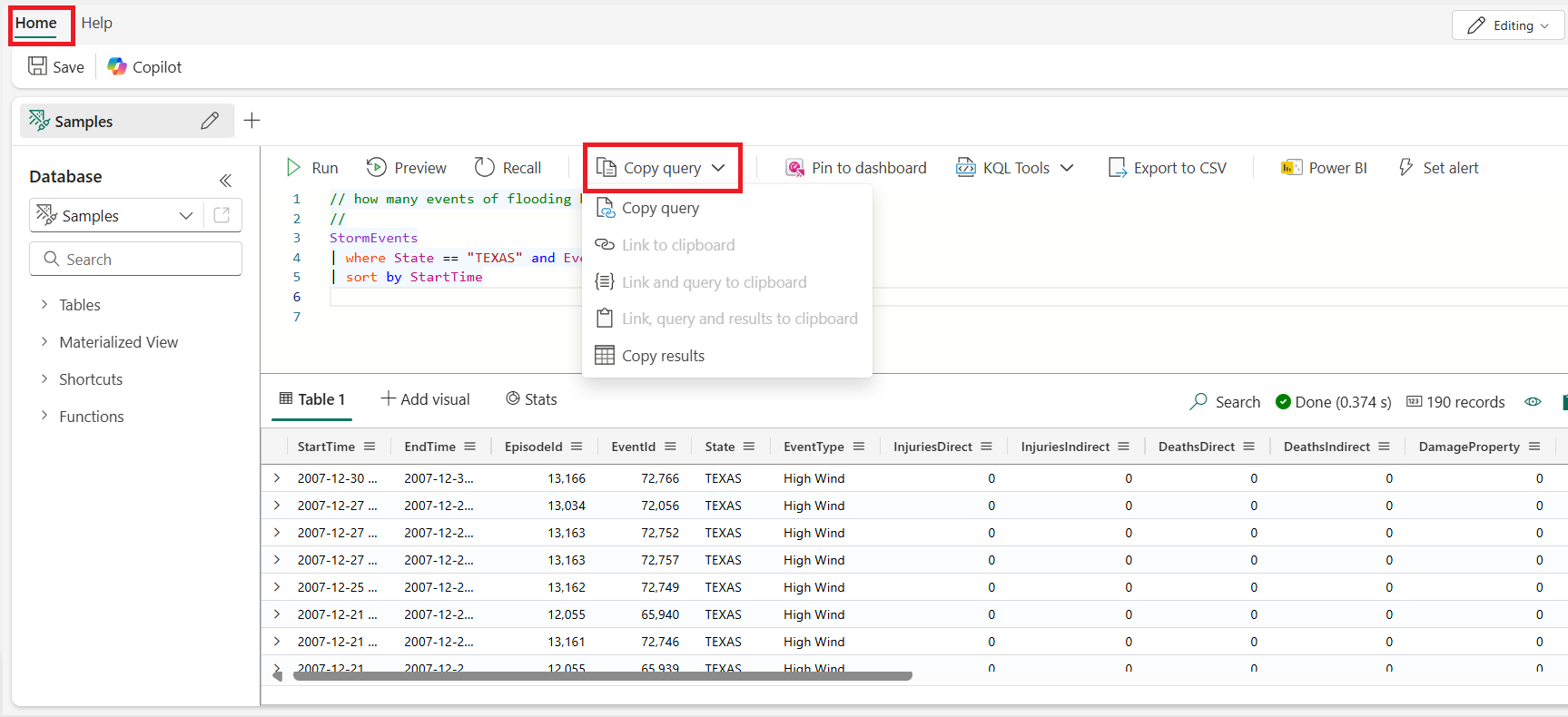 Screenshot of the Manage tab of the KQL Queryset showing the dropdown of the copy query or query results option.