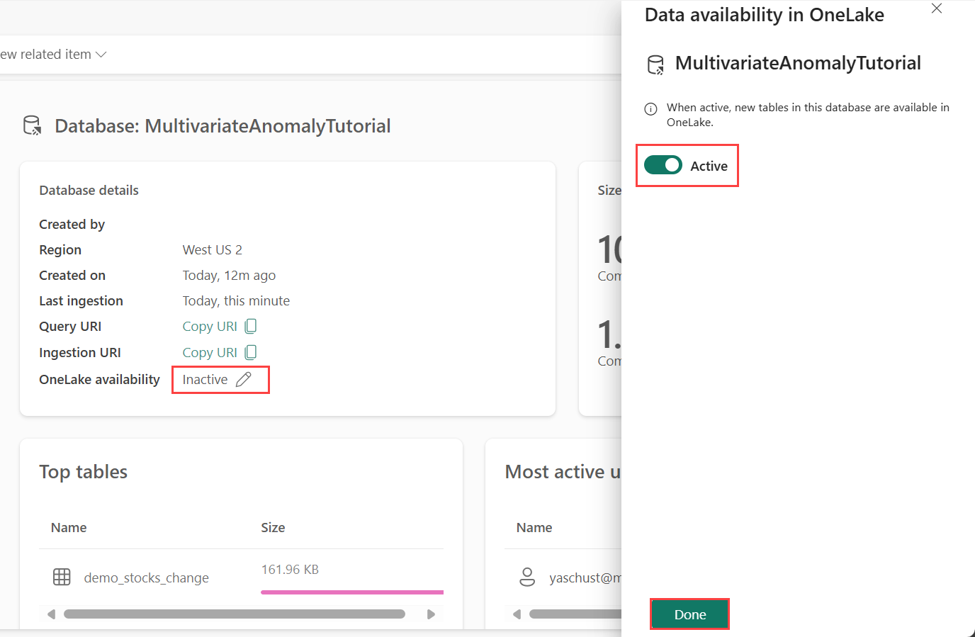 Screenshot of enabling OneLake availability in your Eventhouse.