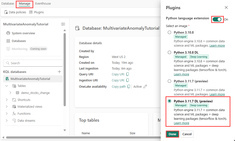 Screenshot for how to enable python package 3.11.7 DL in the Eventhouse.