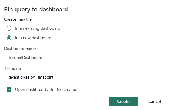 Screenshot of pinning query to dashboard in Real-Time Intelligence.