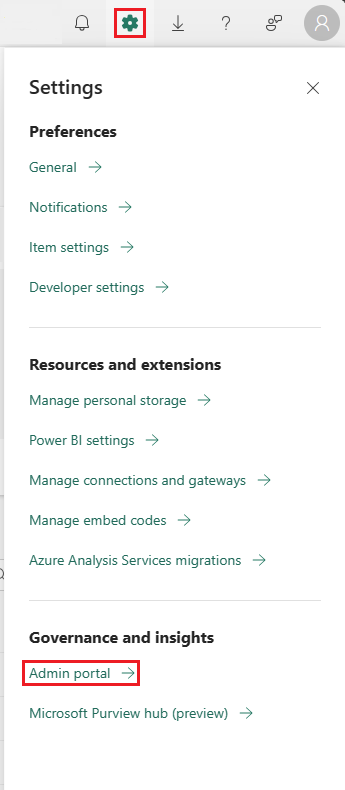 Screenshot showing how to get to the Fabric Admin portal.