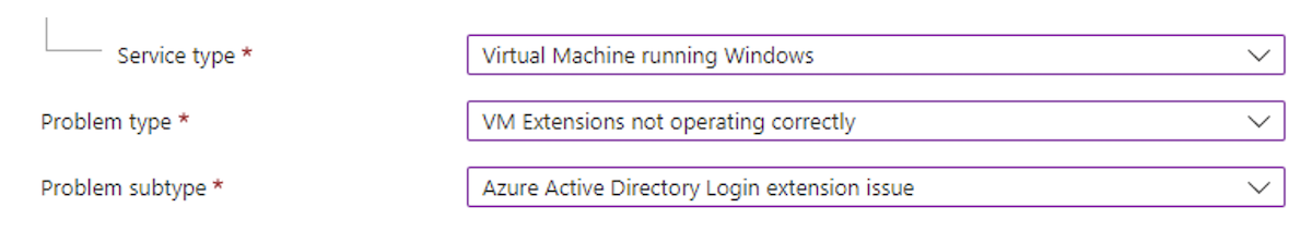 Screenshot showing what to include in support request when VM extensions not operating correctly