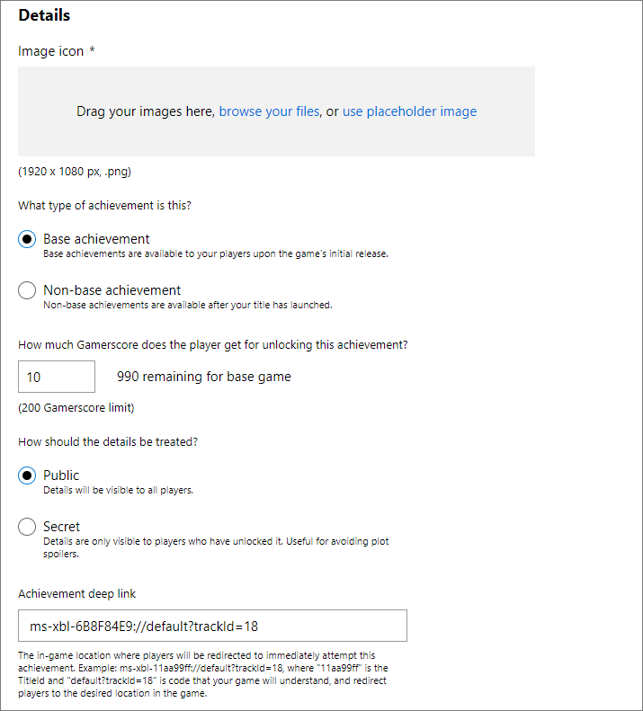 Screenshot of the Details UI in Partner Center for configuring a new achievement.