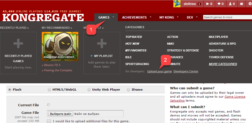 Kongregate Games tab