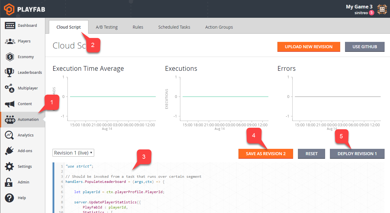 Game Manager - Automation - CloudScript - upload CloudScript