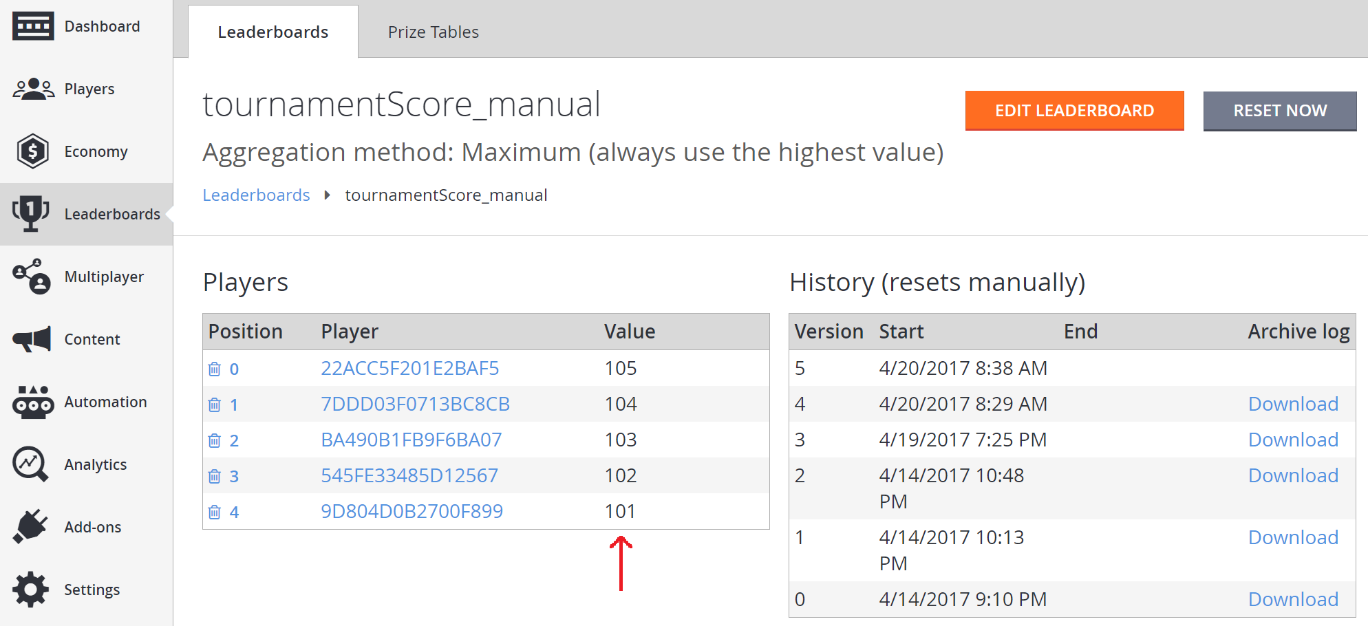 Game Manager - Leaderboards - View Leaderboard - Check values