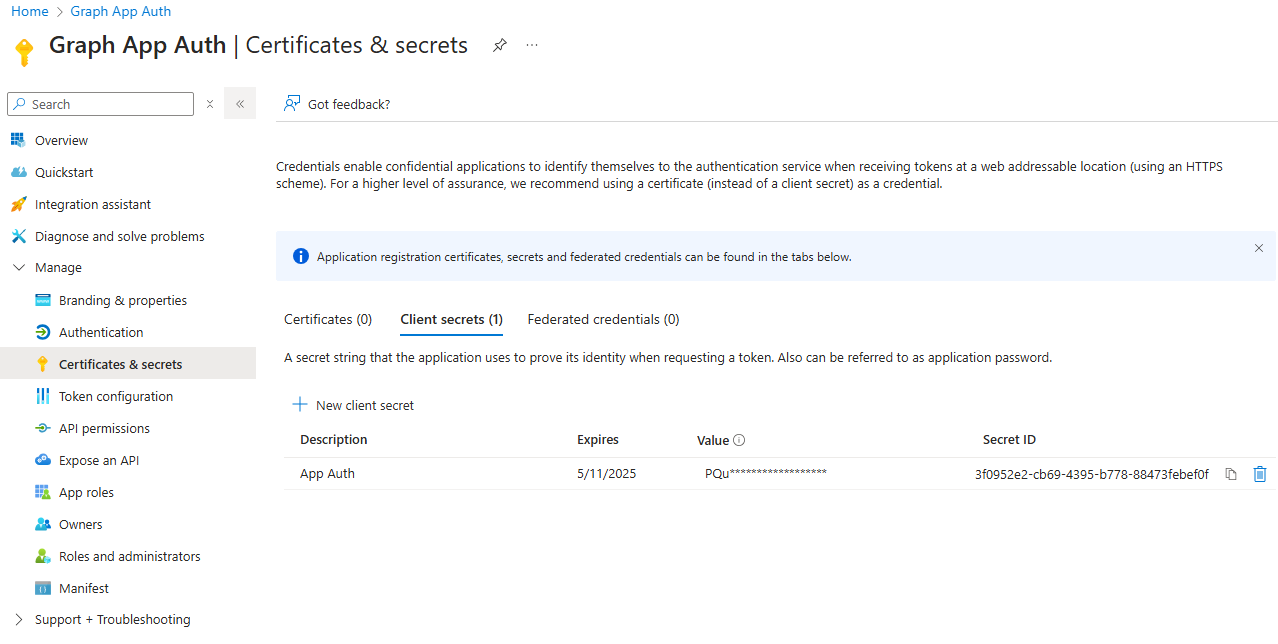 Screenshot of the app registration client secret page.