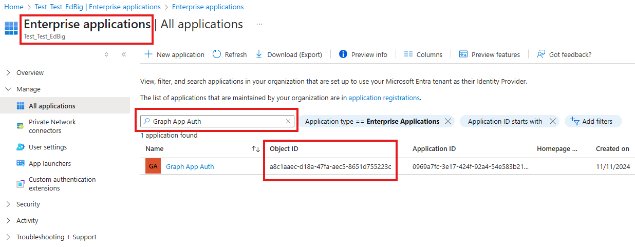 Screenshot of the enterprise applications page.