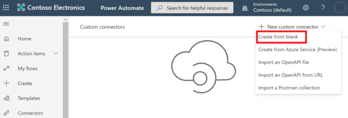 A screen shot of the New custom connector drop-down menu in Microsoft Power Automate