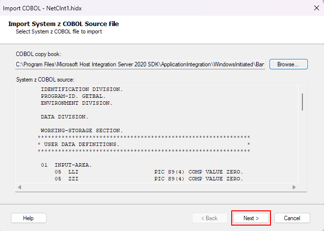 Screenshot shows the Import System z COBOL Source File box with the selected and preloaded host definition for IMS.