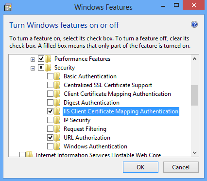 Screenshot of the Windows Features dialog box. I I S Client Certificate Mapping Authentication is highlighted. 