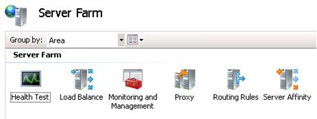 Screenshot of the Server Farm. The Health Test icon, the Load Balance Icon, the Monitoring and Management icon, the Proxy icon, and other icons found in the Server Farm.