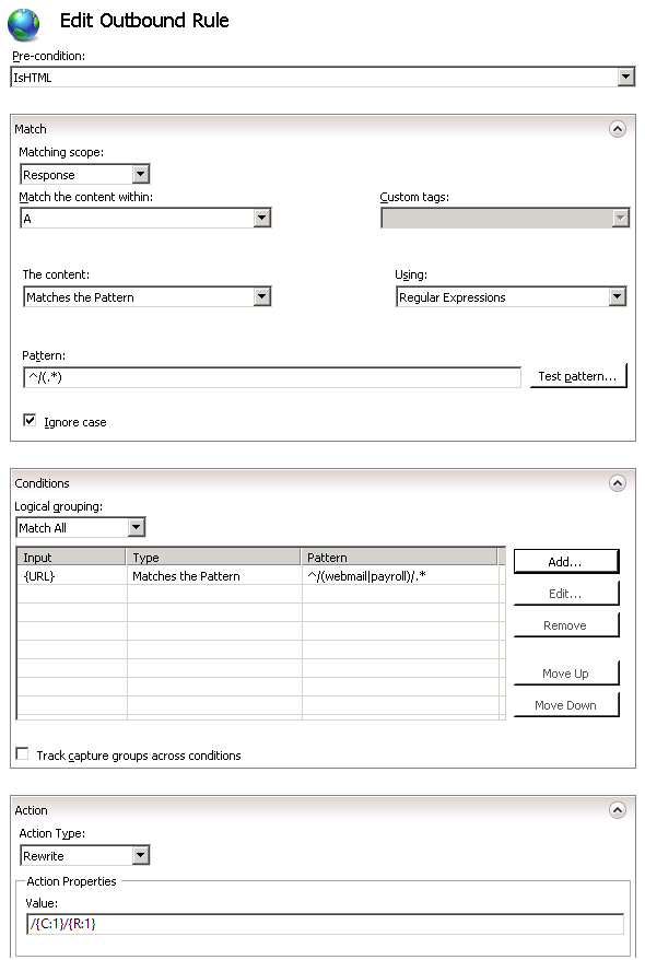 Screenshot of the Edit Outbound Rule property page. The Match, Conditions, and Action categories are shown.