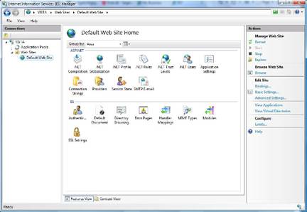 Screenshot of the I I S Manger page. The Default Web Site Home page is shown.