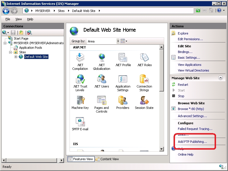 Screenshot of the I I S Manager Window displaying the Default Website page. Add F T P Publishing is circled in the Actions menu. 