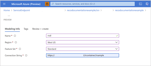 Enter Name, Region, feature set, and path