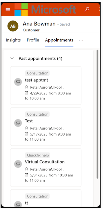 The image shows the appointments tab of the customer baseball card profile.