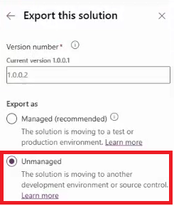 Screenshot showing how to export the solution as unmanaged.