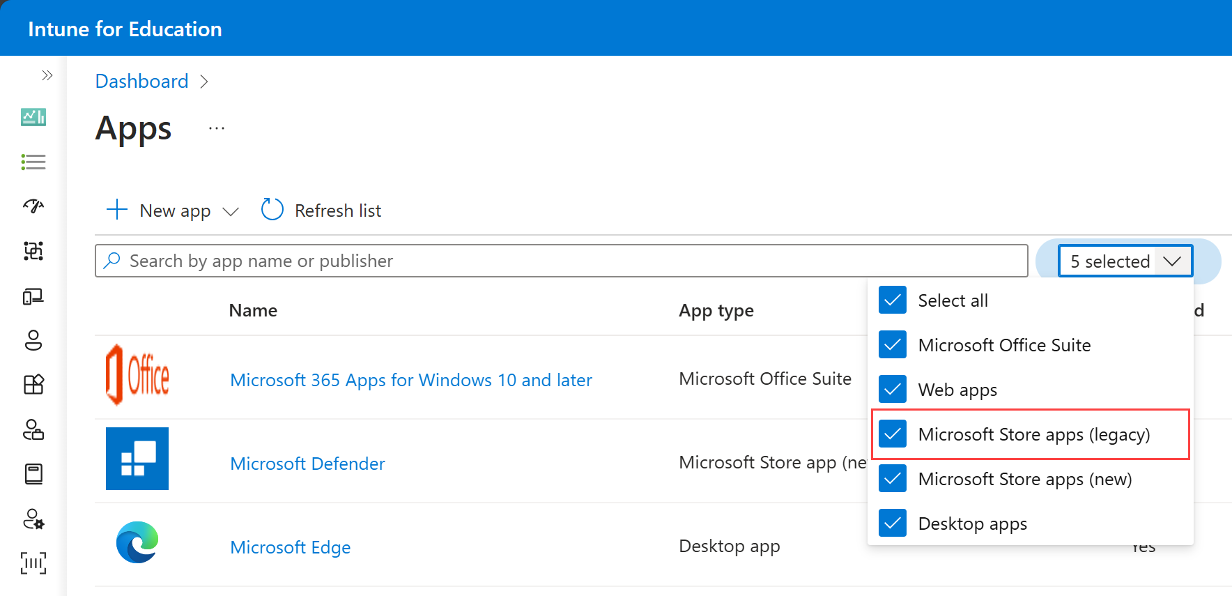 Screenshot of the Apps list, highlighting the Microsoft Store apps (legacy) option in the filter drop-down menu.