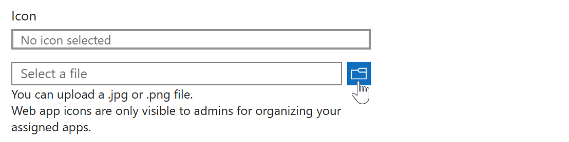 Screenshot of add a web app workflow highlighting the icon and file upload fields.