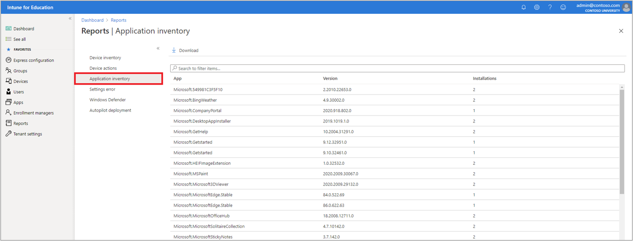 The application inventory report screen, showing a list of apps under Intune for Education management.