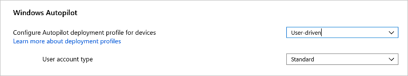 Screenshot of All Devices group, Windows Autopilot settings, with user-driven mode and standard user account selected.