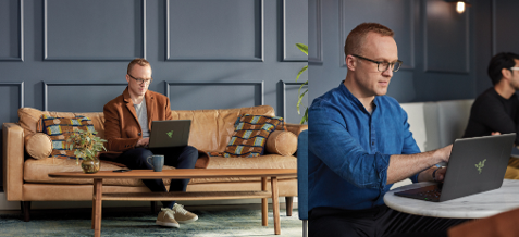 Two photos of identical twins using computers.