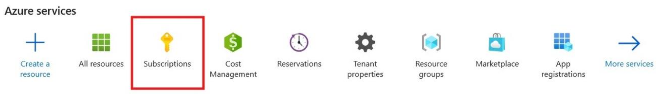 Screenshot of the Azure services page icons, with Subscriptions highlighted.