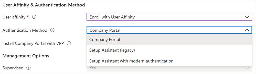 Screenshot of authentication method options.