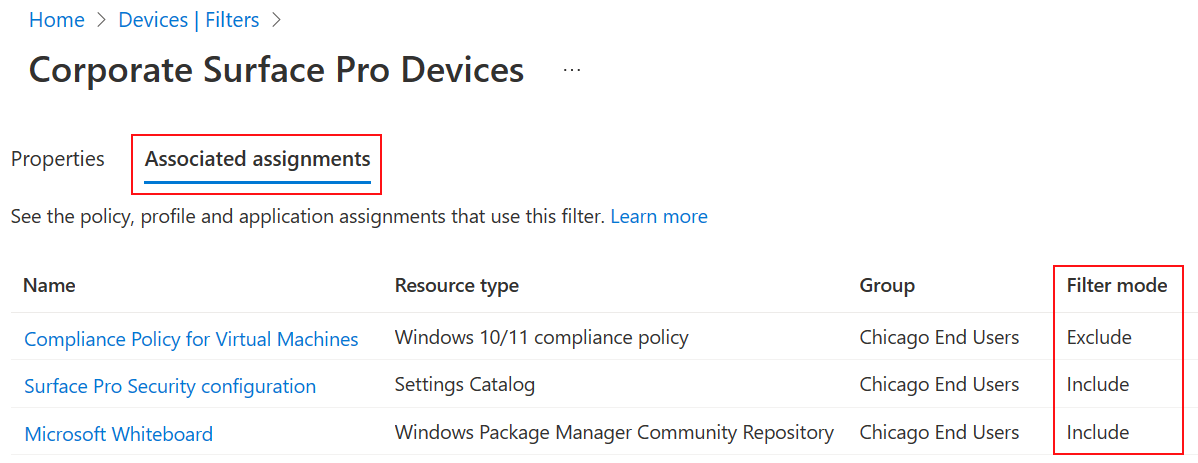 Screenshot that shows associated assignment tabs for an existing filter in Microsoft Intune.
